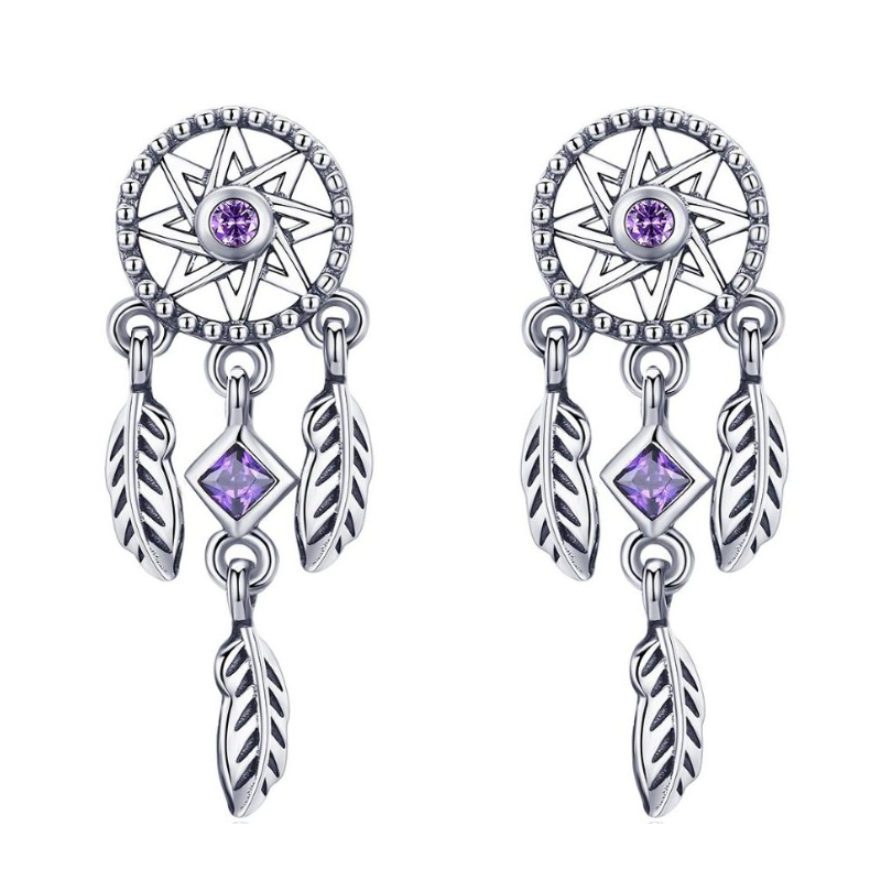 Stříbrné fialové náušnice lapač snů